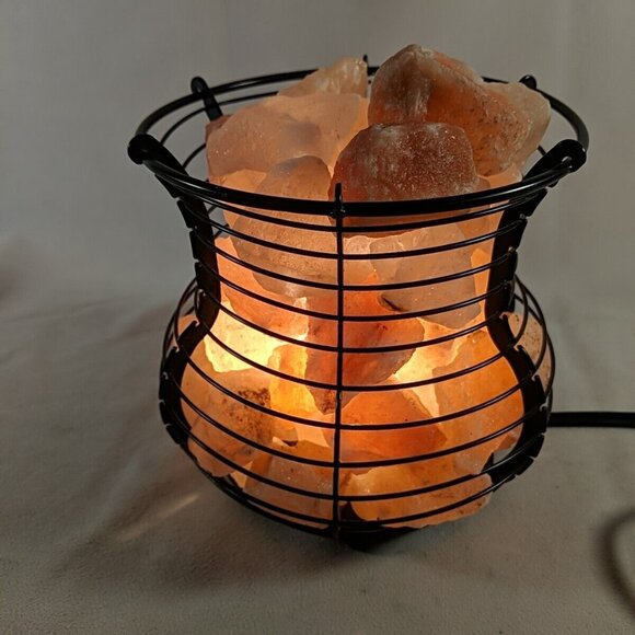 Himalayan Salt Lamp Pink Black Wire Basket Light Accent Lamp Metal Large Big - Picture 9 of 13